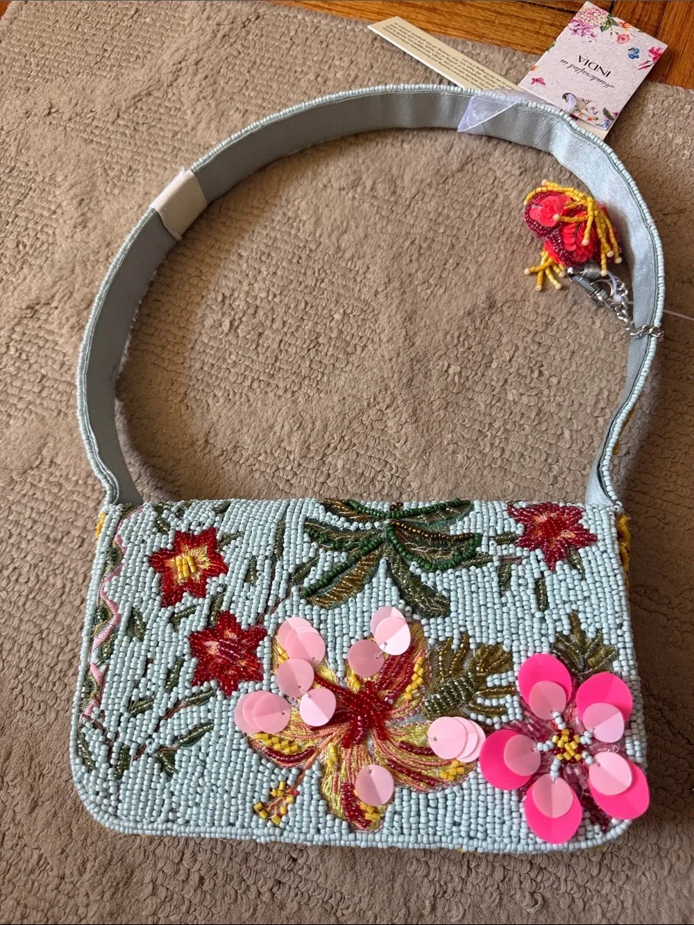 Beaded Floral Shoulder Bag in Light Blue with Pink Accents - Hawaiian style - Picture 7 of 9